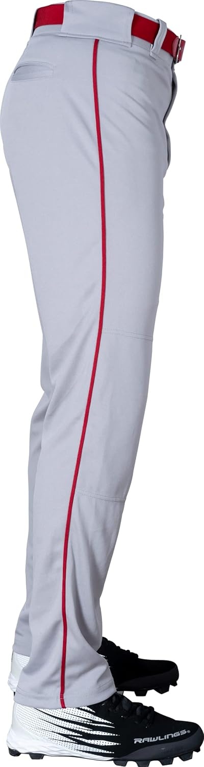 image:imageRawlings  Mens SemiRelaxed Full Length Baseball Pants  Piped  Adult Sizes  Multiple ColorsGrey  Scarlet
