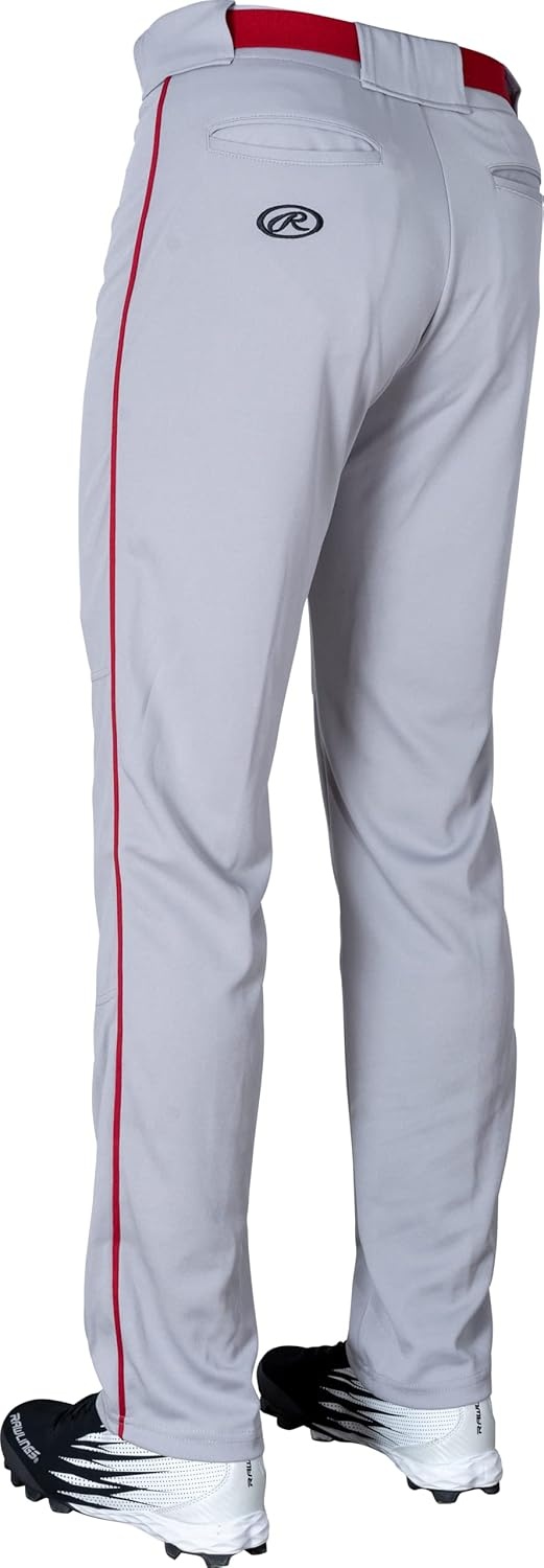 image:imageRawlings  Mens SemiRelaxed Full Length Baseball Pants  Piped  Adult Sizes  Multiple ColorsGrey  Scarlet