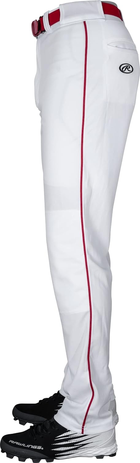 image:imageRawlings  Mens SemiRelaxed Full Length Baseball Pants  Piped  Adult Sizes  Multiple ColorsWhite  Scarlet