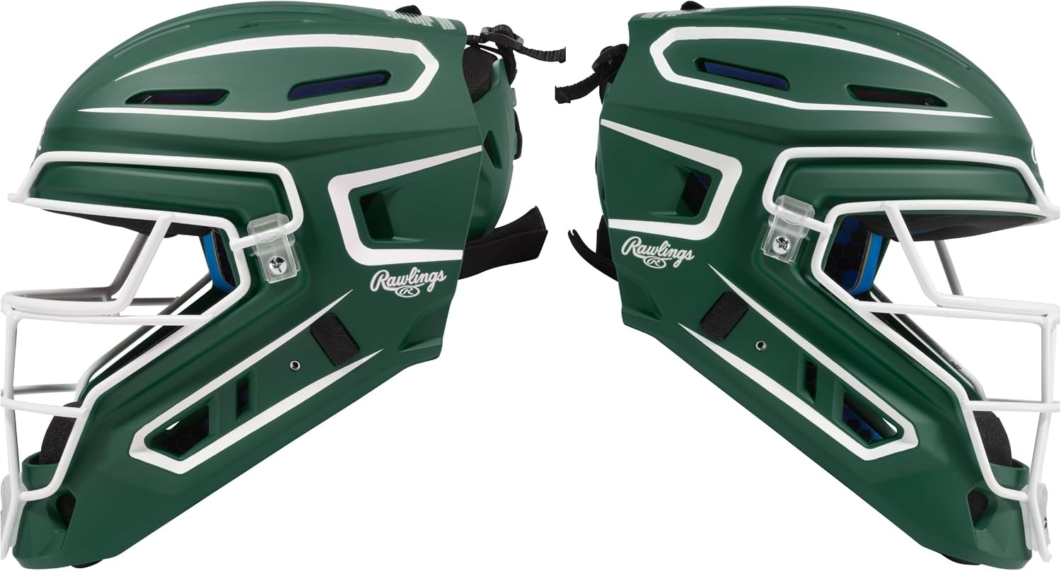 image:imageRawlings Rawlings  MACH PRO Series Catchers Helmet  Baseball  NOCSAE Certified  Junior amp Senior Sizing  Multiple ColorsDark Green  White